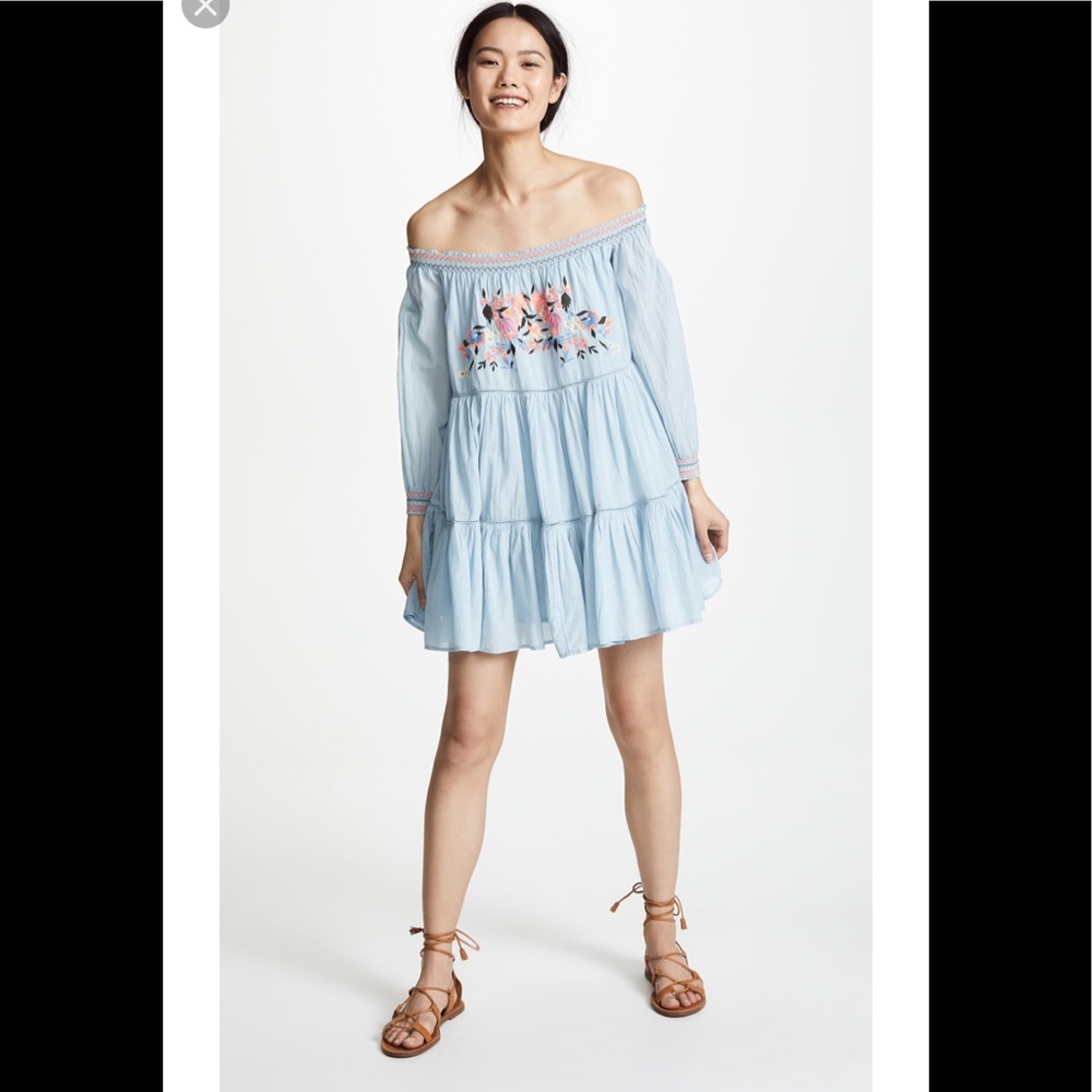 Free People Light Blue Off-Shoulder Tiered Mini Dress with Floral Embroidery